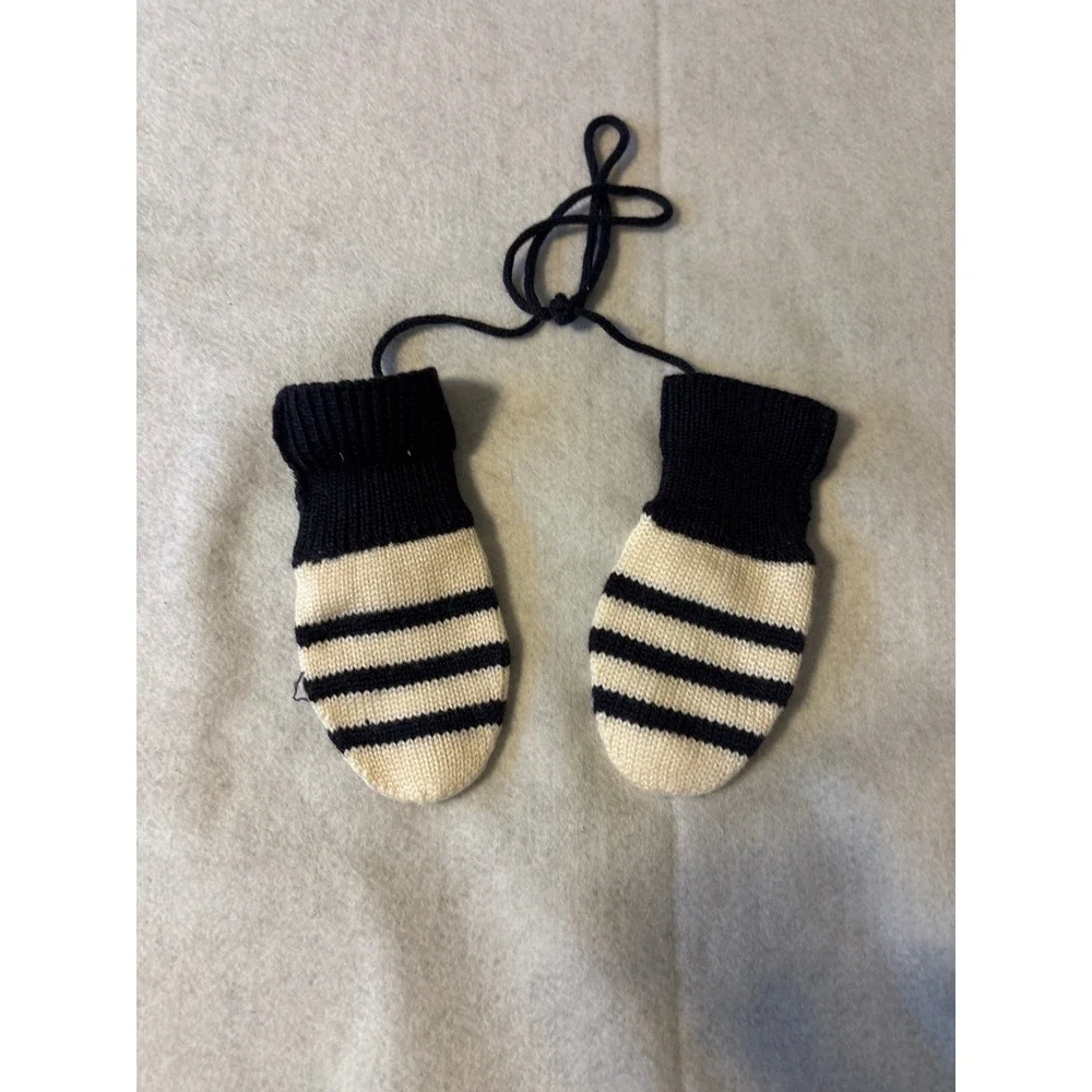 Jacadi Paris Mittens Infant T1 Navy Cream Good Striped Bow Knit Wool Blend 7140